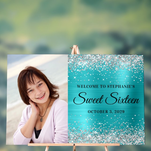 Silver Glitter Turquoise Blue Foil Sweet Sixteen Acrylic Sign (Neutral)