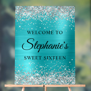 Silver Glitter Turquoise Blue Foil Sweet Sixteen Acrylic Sign