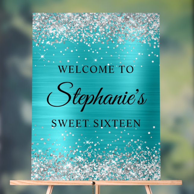 Silver Glitter Turquoise Blue Foil Sweet Sixteen Acrylic Sign (Neutral)