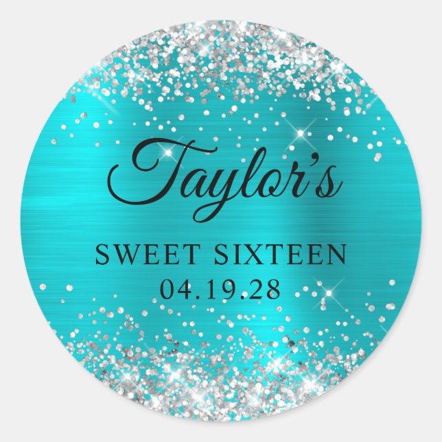 Silver Glitter Turquoise Blue Foil Sweet Sixteen Classic Round Sticker (Front)