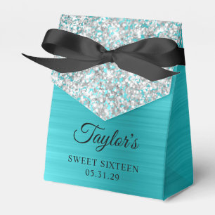 Silver Glitter Turquoise Blue Foil Sweet Sixteen Favour Box