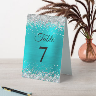 Silver Glitter Turquoise Blue Foil Table Number