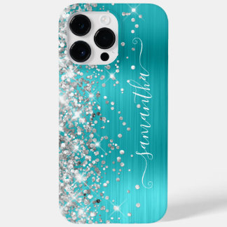 Silver Glitter Turquoise Blue Girly Signature Case-Mate iPhone 14 Pro Max Case