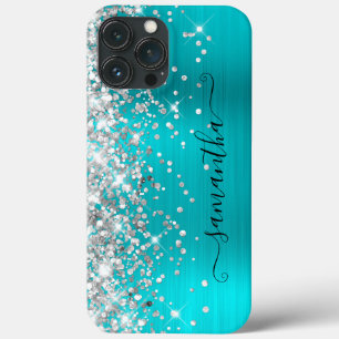 Silver Glitter Turquoise Blue Girly Signature iPhone 13 Pro Max Case