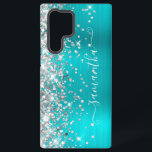 Silver Glitter Turquoise Blue Girly Signature Samsung Galaxy Case<br><div class="desc">Girly faux sparkly silvery glitter highlights on the left edge, over a faux bright jewel tone aqua and turquoise blue ombre brushed metal foil. The modern girly signature features an elegant white calligraphy font with decorative tails in a vertical format. Customise the font styles or move the sparkle graphics to...</div>