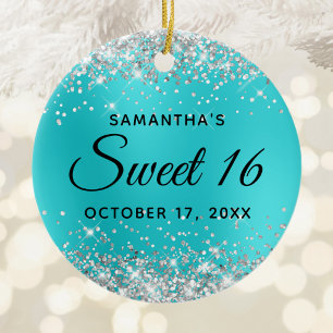 Silver Glitter Turquoise Blue Glam Sweet 16 Ceramic Tree Decoration