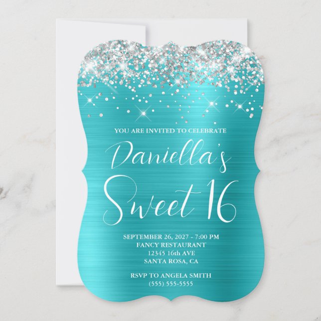 Silver Glitter Turquoise Blue Luxurious Sweet 16 Invitation (Front)