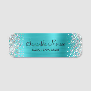 Silver Glitter Turquoise Blue Metallic Name Tag