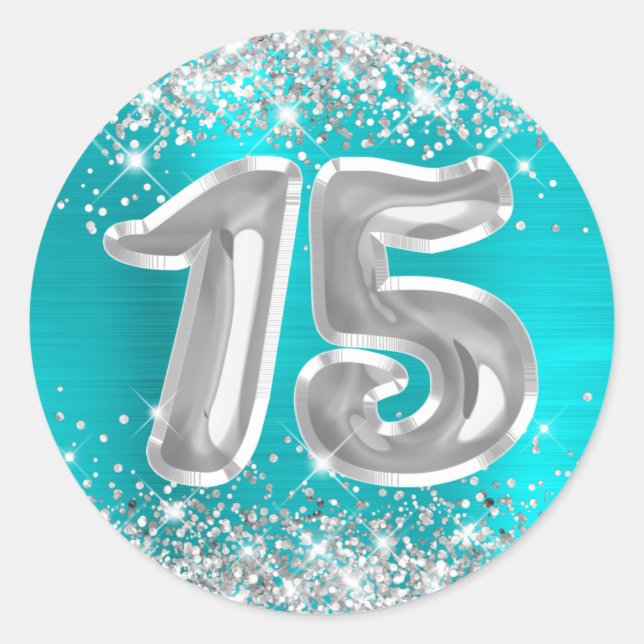 Silver Glitter Turquoise Blue Number 15 Birthday Classic Round Sticker (Front)