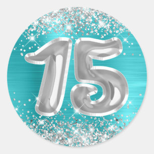 Silver Glitter Turquoise Blue Number 15 Birthday Classic Round Sticker