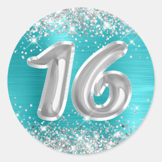 Silver Glitter Turquoise Blue Number 16 Birthday Classic Round Sticker
