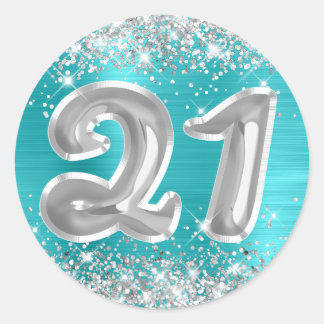 Silver Glitter Turquoise Blue Number 21 Birthday Classic Round Sticker