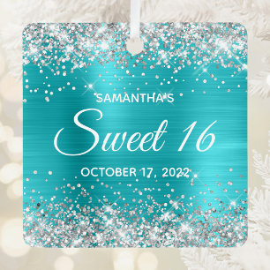 Silver Glitter Turquoise Blue Ombre Foil Sweet 16 Metal Tree Decoration