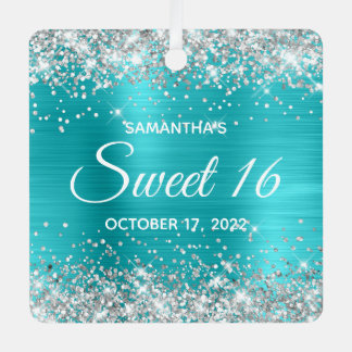 Silver Glitter Turquoise Blue Ombre Foil Sweet 16 Metal Tree Decoration