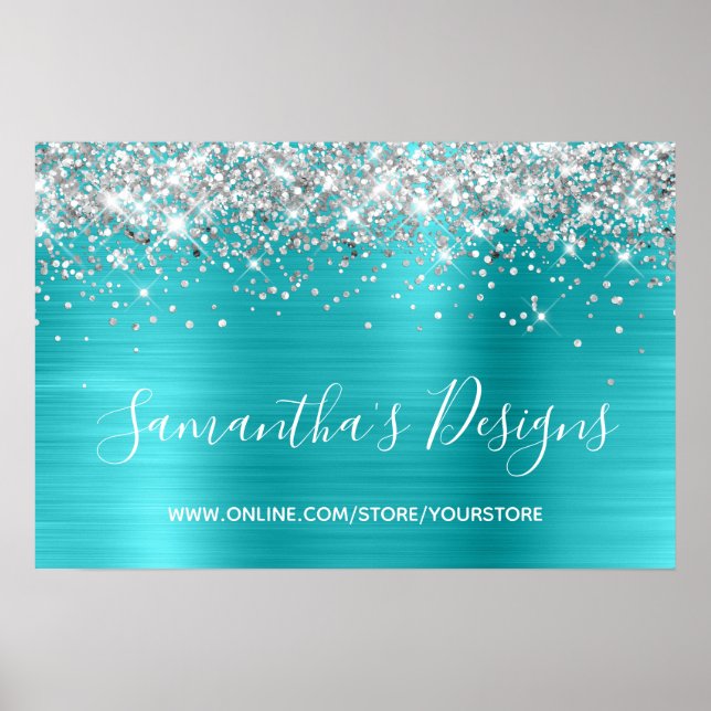 Silver Glitter Turquoise Blue Online Store Poster (Front)