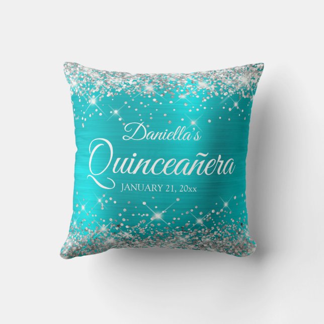 Silver Glitter Turquoise Blue Quinceañera Cushion (Back)