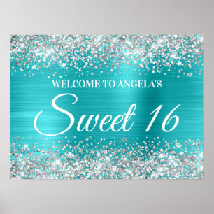 Silver Glitter Turquoise Blue Sweet 16 Welcome Poster