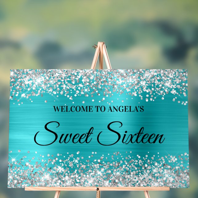 Silver Glitter Turquoise Blue Sweet Sixteen Acrylic Sign (Neutral)
