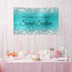 Silver Glitter Turquoise Blue Sweet Sixteen Banner