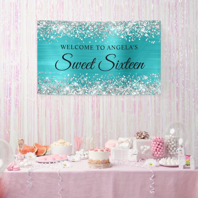 Silver Glitter Turquoise Blue Sweet Sixteen Banner (Party)
