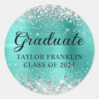 Silver Glitter Turquoise Class of 2024 Graduate Classic Round Sticker