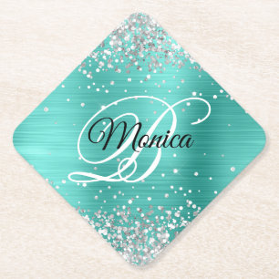 Silver Glitter Turquoise Fancy Monogram Diamond Paper Coaster