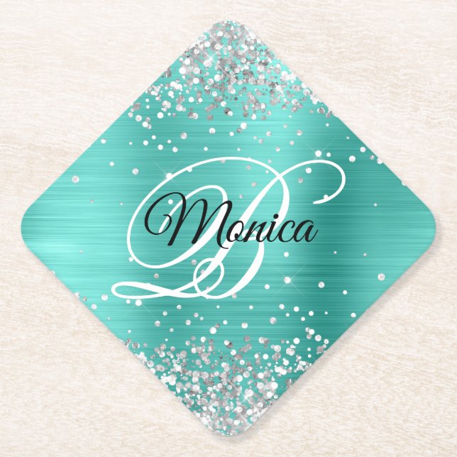 Silver Glitter Turquoise Fancy Monogram Diamond Paper Coaster (Front)