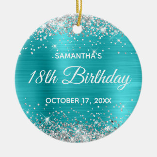 Silver Glitter Turquoise Foil 18th Birthday Ceramic Tree Decoration