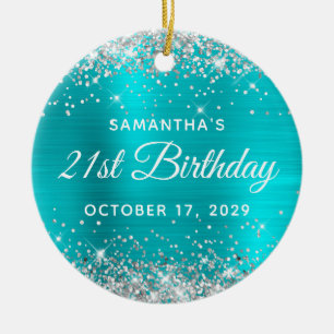 Silver Glitter Turquoise Foil 21st Birthday Ceramic Tree Decoration