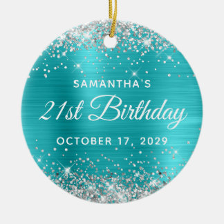 Silver Glitter Turquoise Foil 21st Birthday Ceramic Tree Decoration