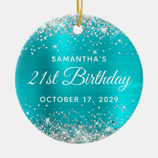 Silver Glitter Turquoise Foil 21st Birthday Ceramic Tree Decoration (Front)