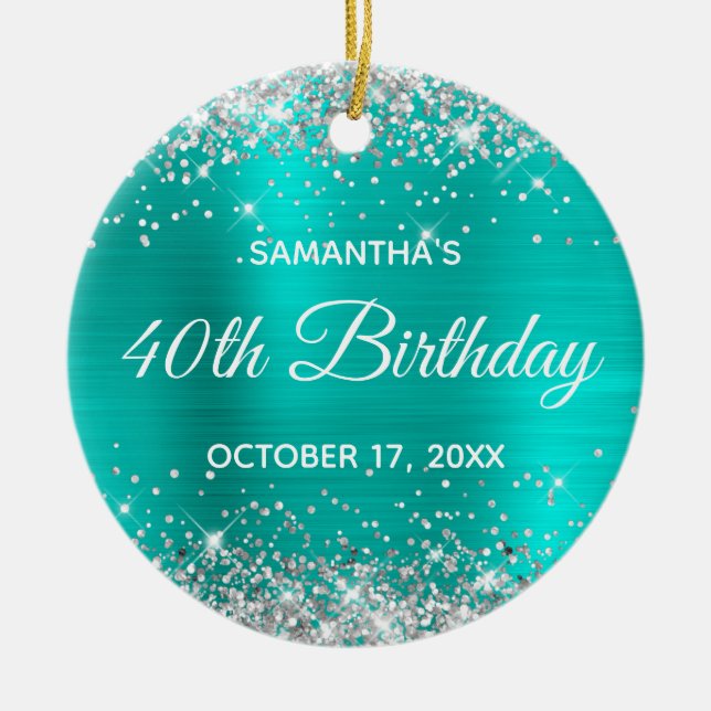 Silver Glitter Turquoise Foil 40th Birthday Ceramic Tree Decoration (Front)