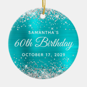 Silver Glitter Turquoise Foil 60th Birthday Ceramic Tree Decoration