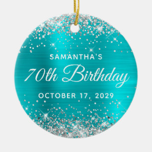 Silver Glitter Turquoise Foil 70th Birthday Ceramic Tree Decoration