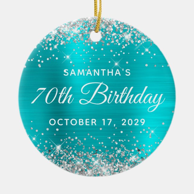 Silver Glitter Turquoise Foil 70th Birthday Ceramic Tree Decoration (Front)