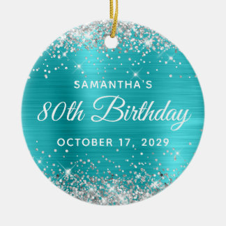 Silver Glitter Turquoise Foil 80th Birthday Ceramic Tree Decoration