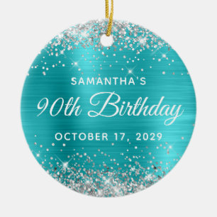 Silver Glitter Turquoise Foil 90th Birthday Ceramic Tree Decoration