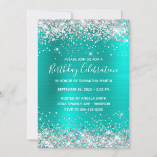 Silver Glitter Turquoise Foil Birthday Celebration Invitation
