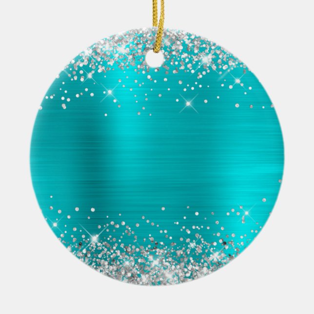 Silver Glitter Turquoise Foil Blank Ceramic Tree Decoration (Front)