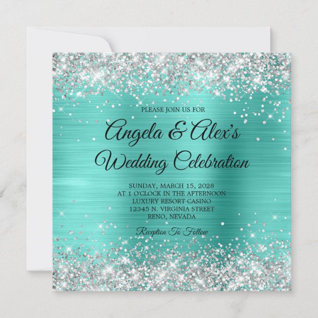 Silver Glitter Turquoise Foil Elegant Wedding Invitation (Front)