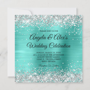 Silver Glitter Turquoise Foil Elegant Wedding Invitation