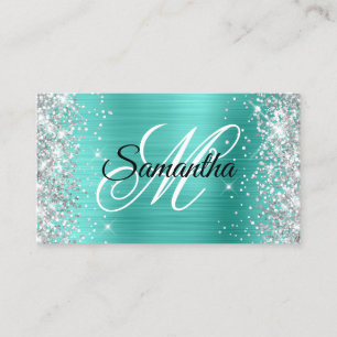 Silver Glitter Turquoise Foil Fancy Monogram Business Card