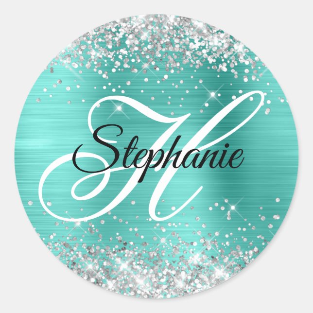 Silver Glitter Turquoise Foil Fancy Monogram Classic Round Sticker (Front)