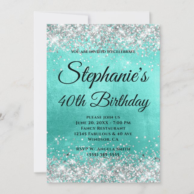 Silver Glitter Turquoise Foil Fancy Monogram Invitation (Front)