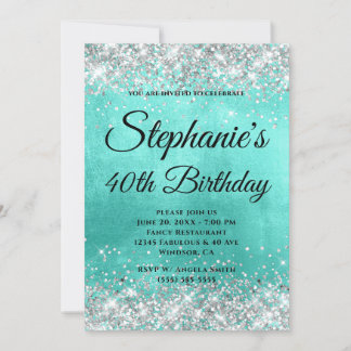 Silver Glitter Turquoise Foil Fancy Monogram Invitation