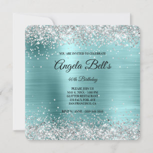 Silver Glitter Turquoise Foil Fancy Monogram Invitation