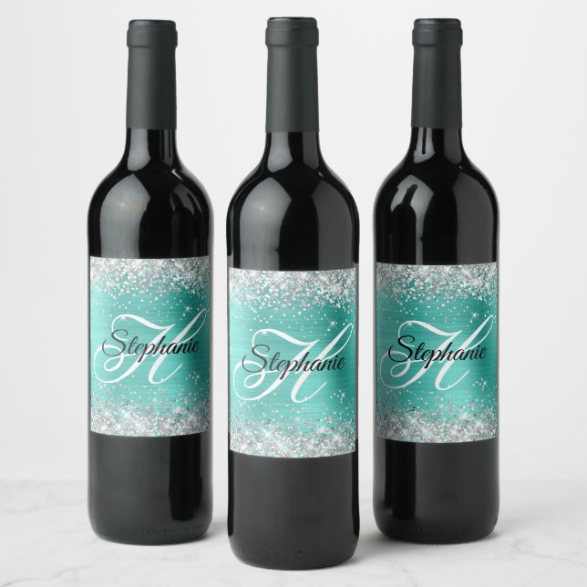 Silver Glitter Turquoise Foil Fancy Monogram Wine Label (Bottles)