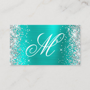 Silver Glitter Turquoise Foil Fancy Monogrammed Business Card