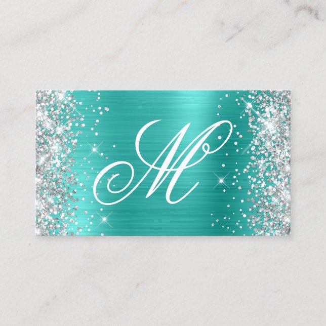 Silver Glitter Turquoise Foil Fancy Monogrammed Business Card (Front)