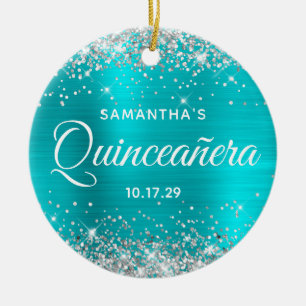 Silver Glitter Turquoise Foil Quinceañera Ceramic Tree Decoration